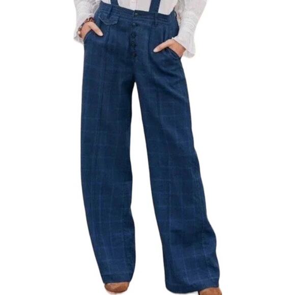 Sundance Rosaville Pants Linen Plaid Button Relaxed Pockets Midnight 6P NWOT - Picture 1 of 5